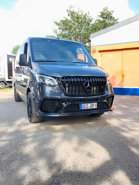 Photo Mercedes Benz Sprinter W907 W910 Full Body Kit Sport Front Bumper Tuning 2018-2025 (With Parking Sensor) | DL Auto Design