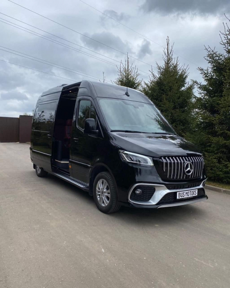 Photo Mercedes Benz Sprinter W907 W910 Body Kit Front Tuning Bumper Sport 2018-2025 (With Parking Sensor). And Have Frog Lights This Design Bumper Gift Front Grill | DL Auto Design