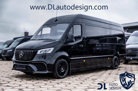 Photo Mercedes Benz Sprinter W907 W910 Body Kit Front Tuning Bumper Sport 2018-2025 (With Parking Sensor). And Have Frog Lights This Design Bumper Gift Front Grill | DL Auto Design